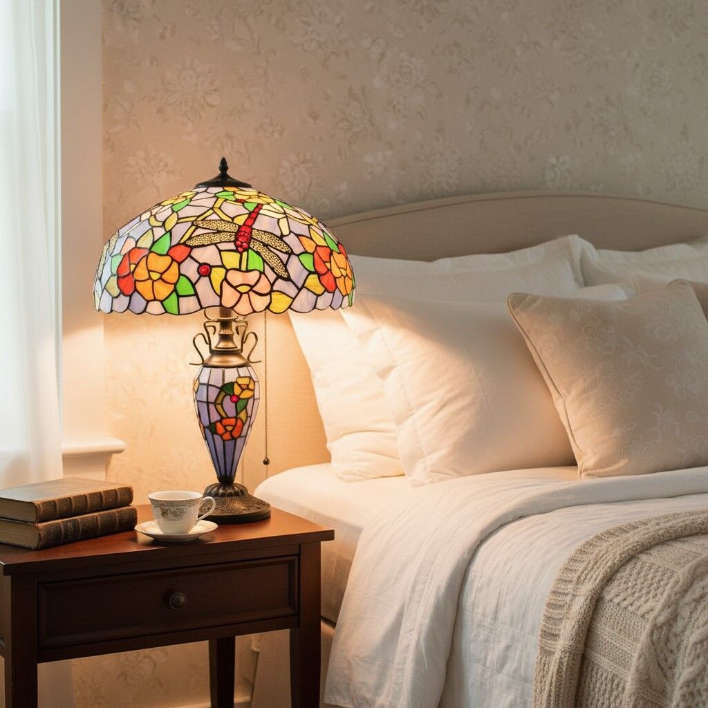 TF Keswick Dragonfly Tiffany Table Lamp – Handcrafted Stained Glass Shade for Living Room or Bedroom