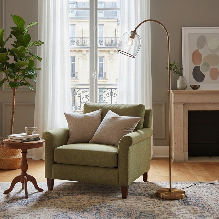 Brazara Adjustable Glass Shade Floor Lamp – Curved Metal Stem for Living Spaces