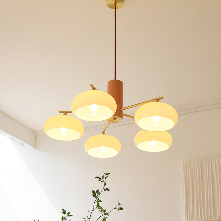 Bowl Shaped Multi - Head Chandelier With Wooden Decoration