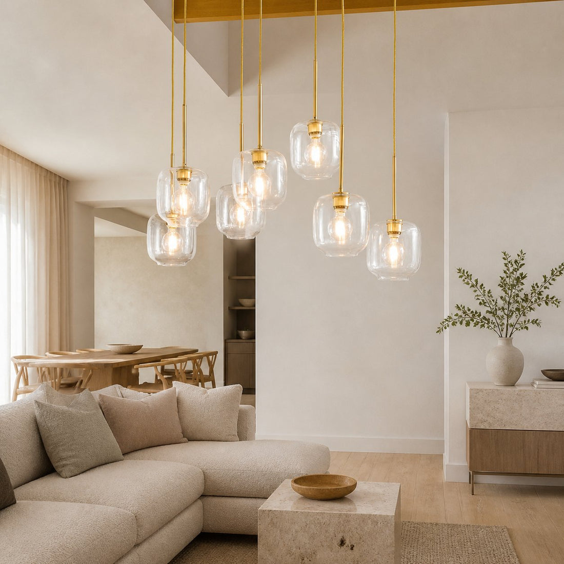 Lumivelle Sculptural 7-Light Chandelier – Adjustable Height Modern Glass Pendant