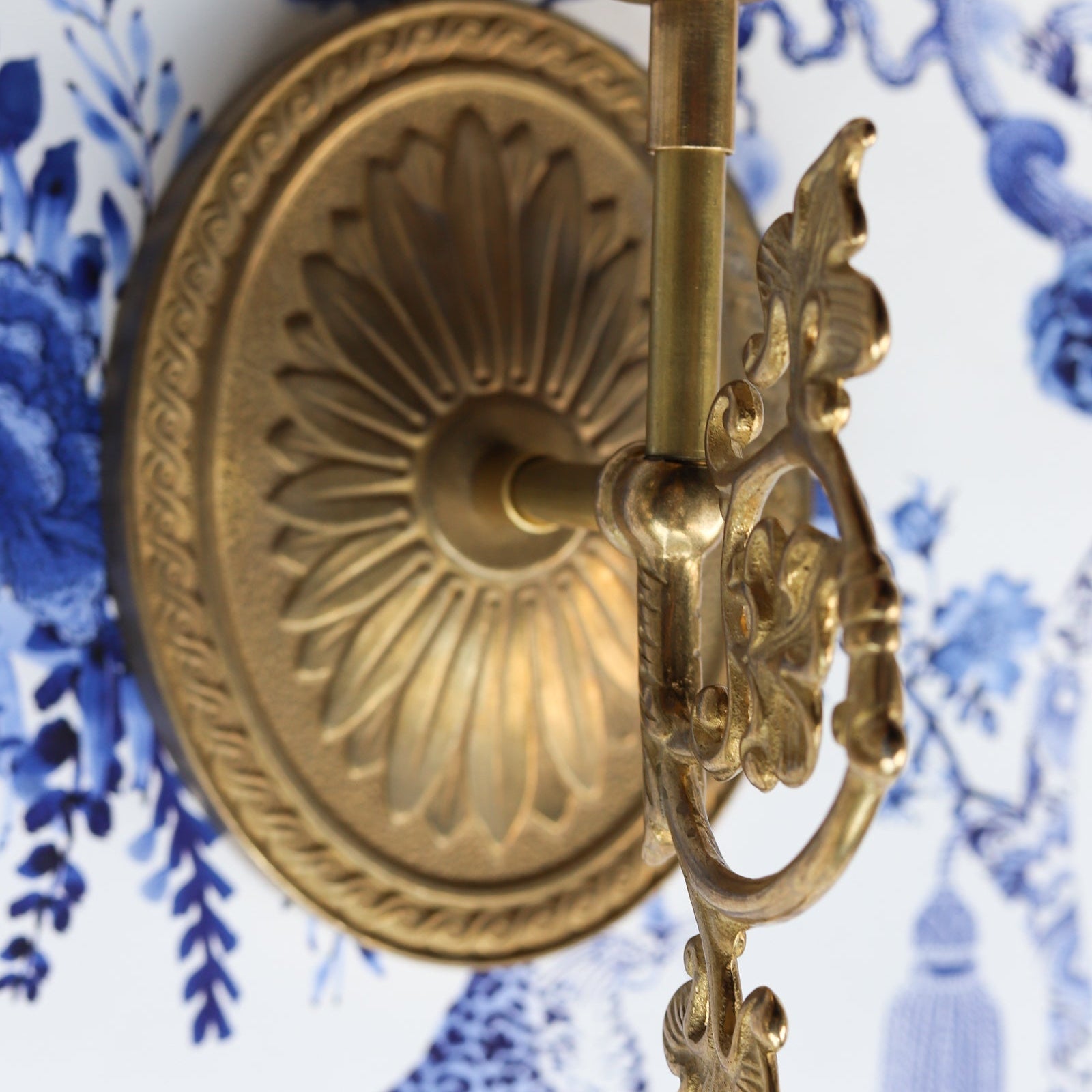 Victorian Inspired Brass Sconce Wall Light - Floral Cup & Leaf Arm Accent