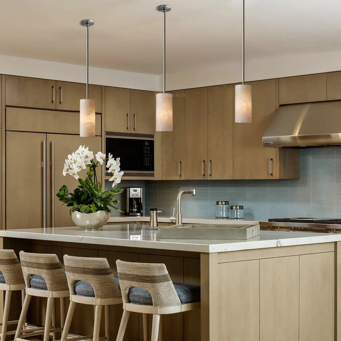 Hand Carved Alabaster Cylinder Pendant Light