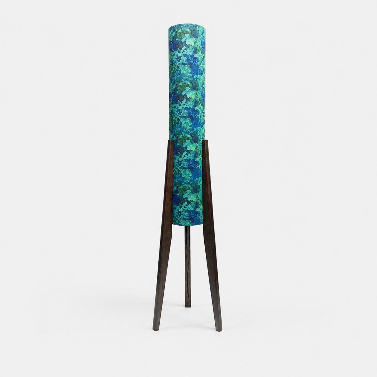 Emerald mosaic Liberty fabric tripod floor lamp with dark wood frame