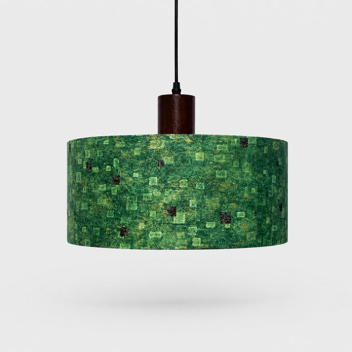 Green gilded patterned fabric drum pendant light, 35 cm shade
