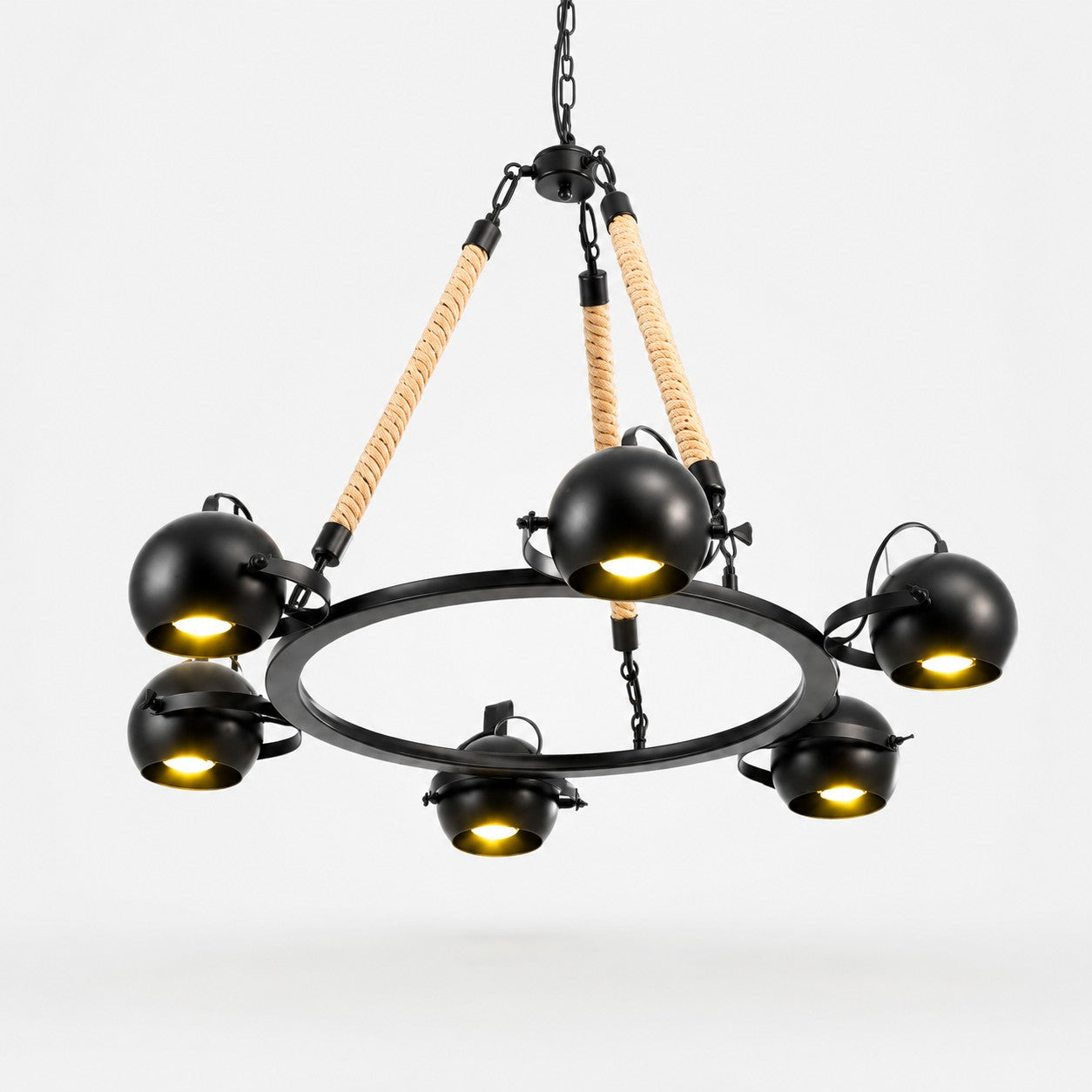 Industrial Rope Chandelier with Adjustable Rounded Heads