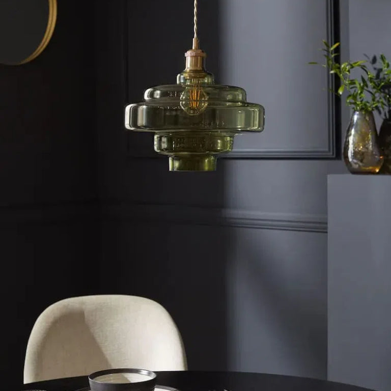 Olive Green Handblown Glass Pendant Lamp - Multi Tiered Hanging Lamp