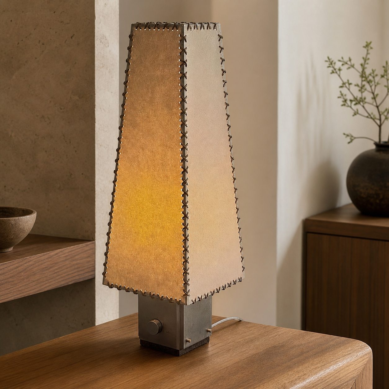 Modern Geometric Metal Table Lamp – Parchment Shade for Bedroom Nightstand Lighting