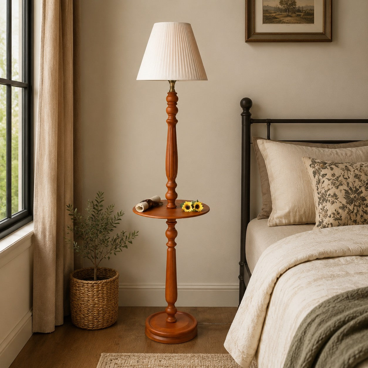 Vintage Solid Wood Floor Lamp with Optional Side Table