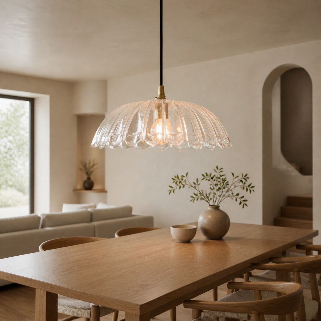 Floriaxis Floral Glass Pendant Light — Floral Glass Shade with Braided Cable for Kitchen or Dining