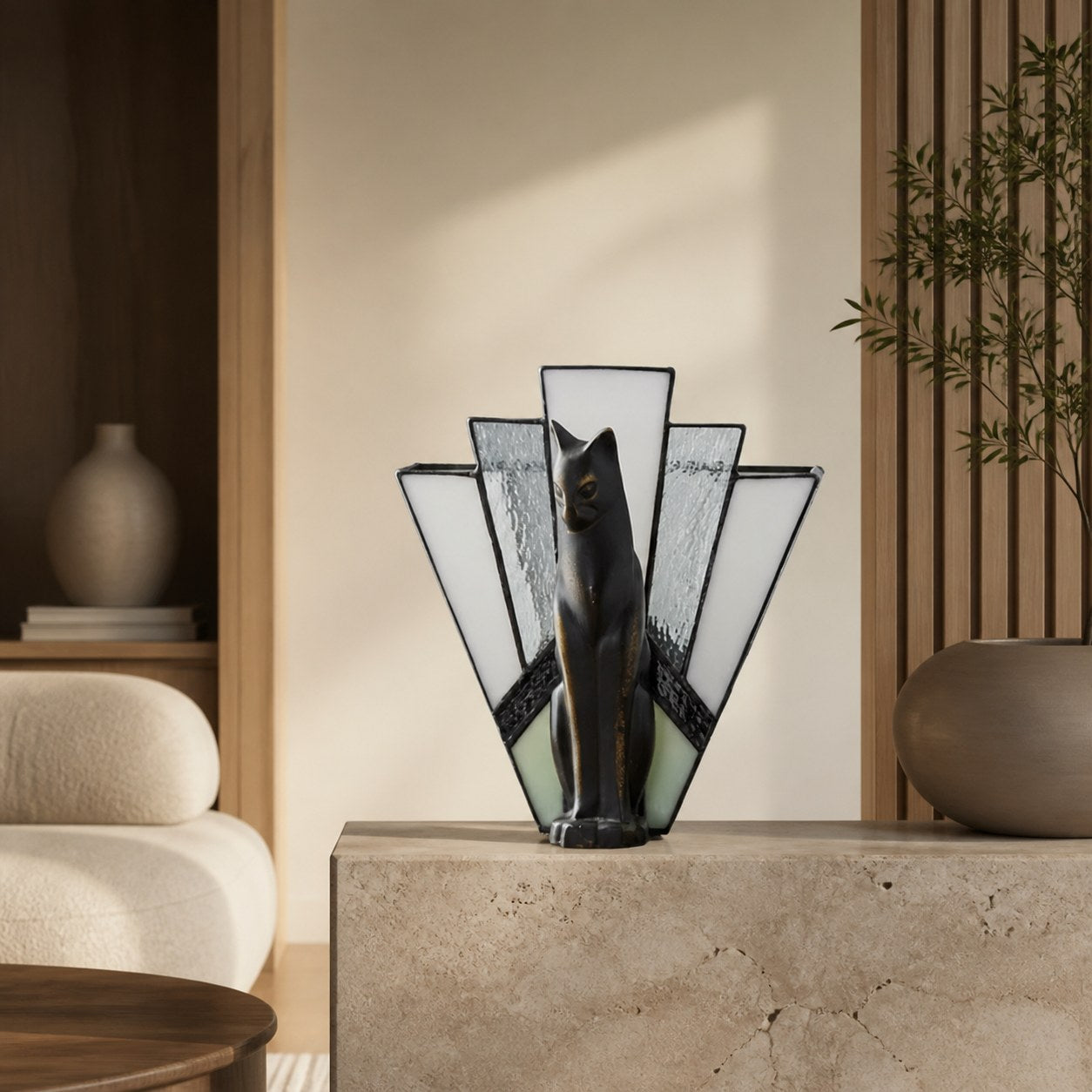 TF Felix Table Lamp – Art Deco Design with Glass Shade and Cat Figurine for Living Room or Bedroom