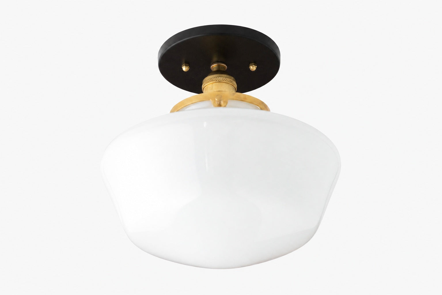 Geotower Glass Brass Ceiling Light - Opal Glass Schoolhouse Shade - Modern Elegance