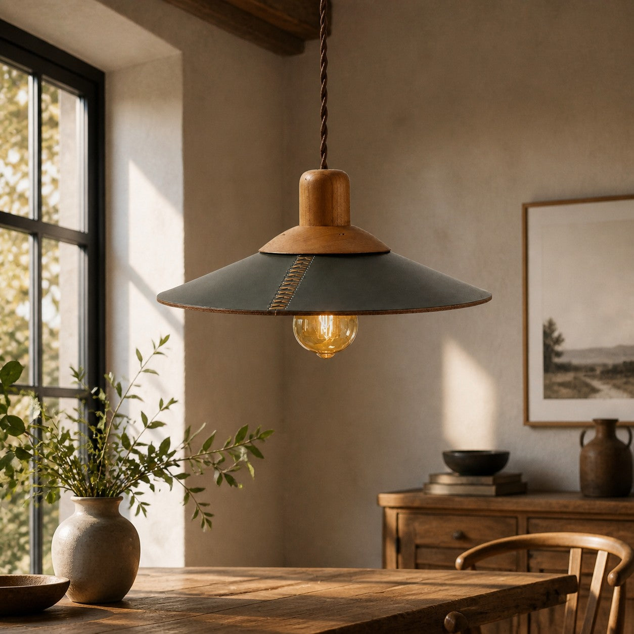 Dark green leather pendant in a rustic dining room