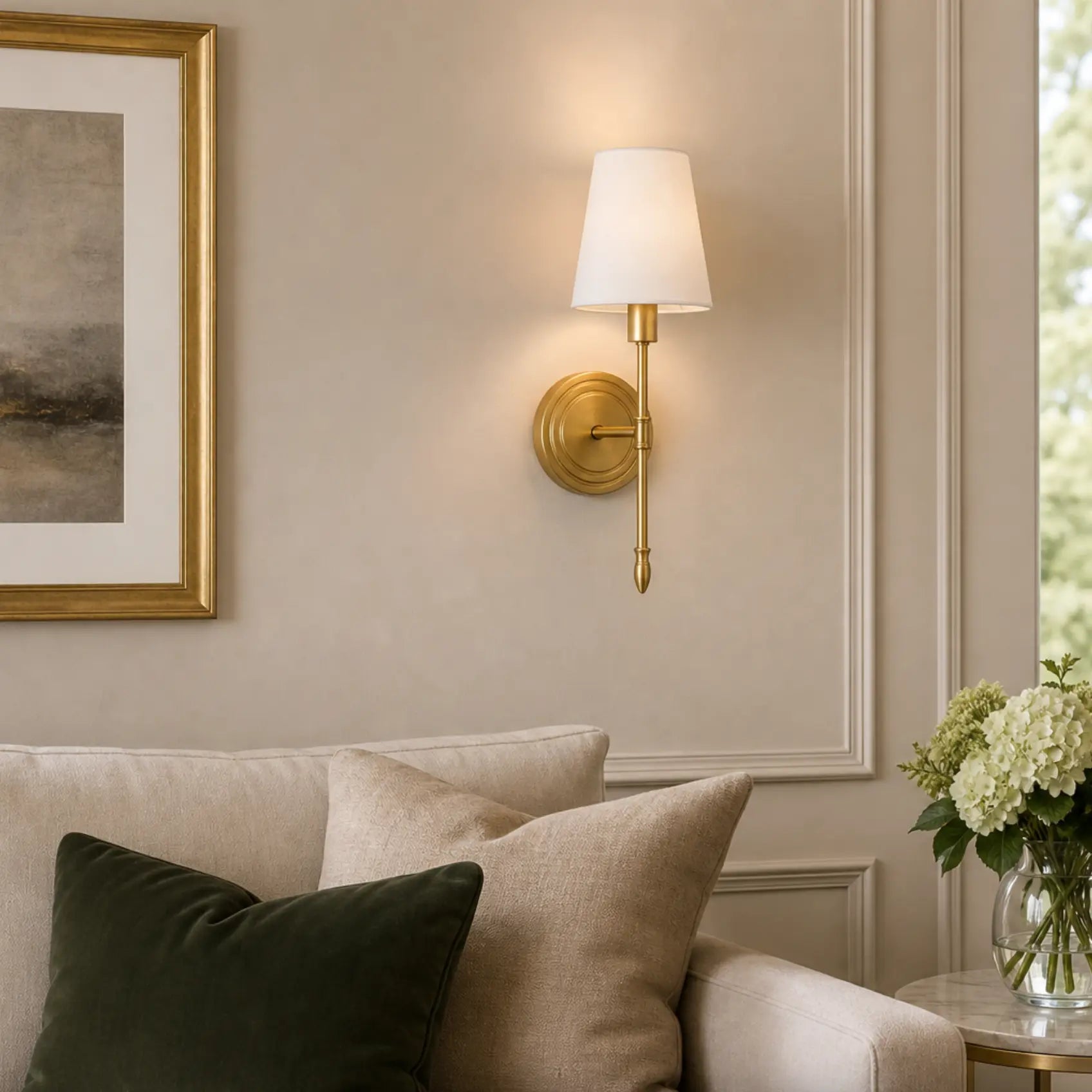 Decorative brass wall lamp in a refined living space