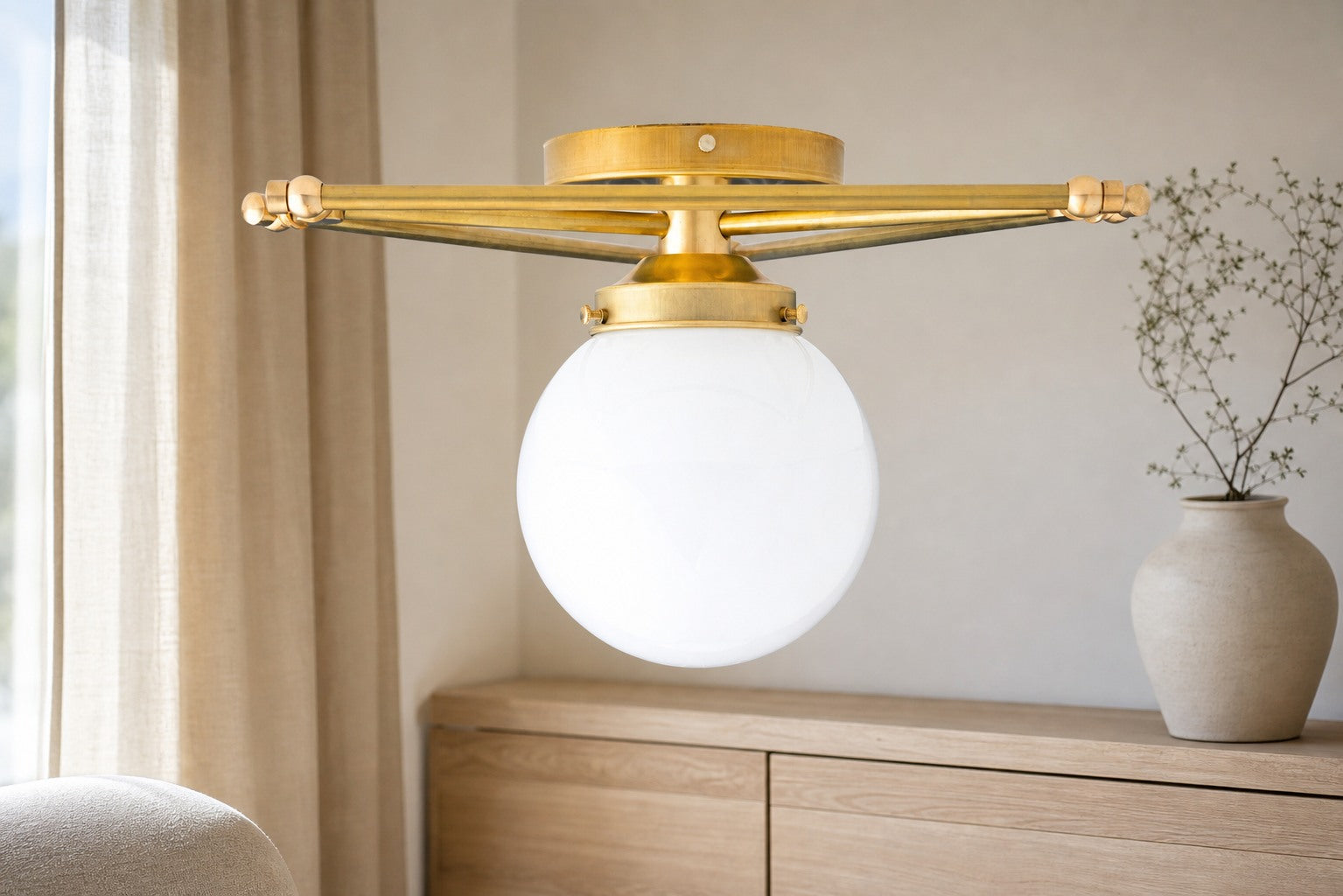 Glorica Glass Geometric Brass Ceiling Lamp - Hand-Blown Globe Design