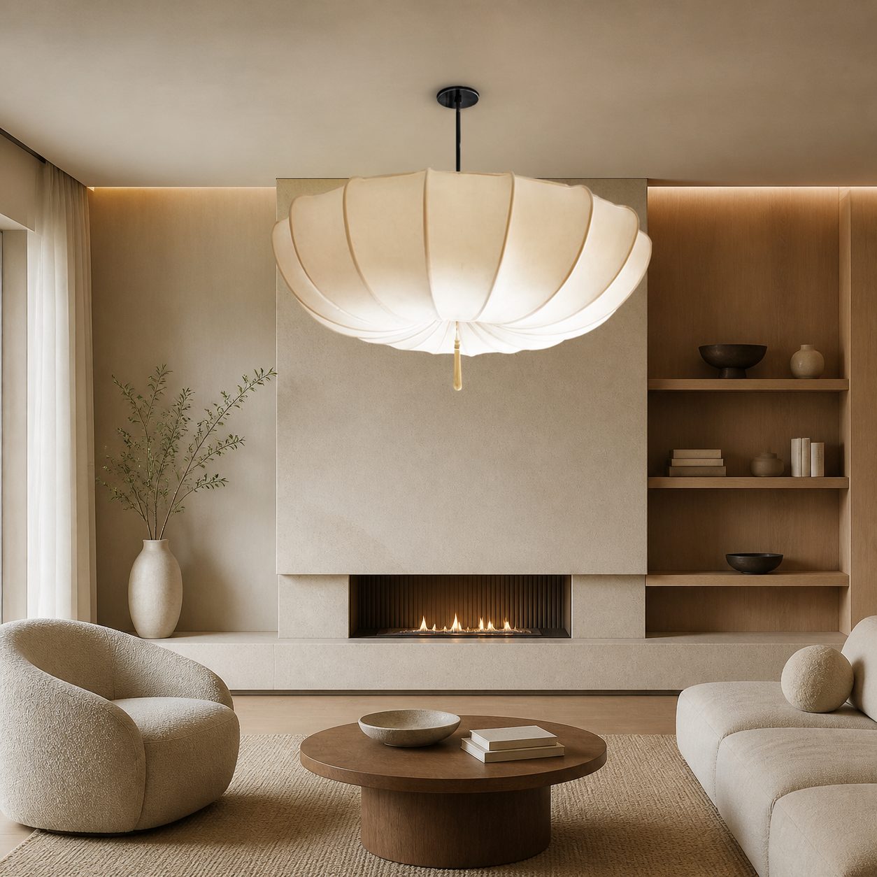Traditional Japanese Round Iron Frame Fabric Shade 3/5 Light Chandelier For Living Room