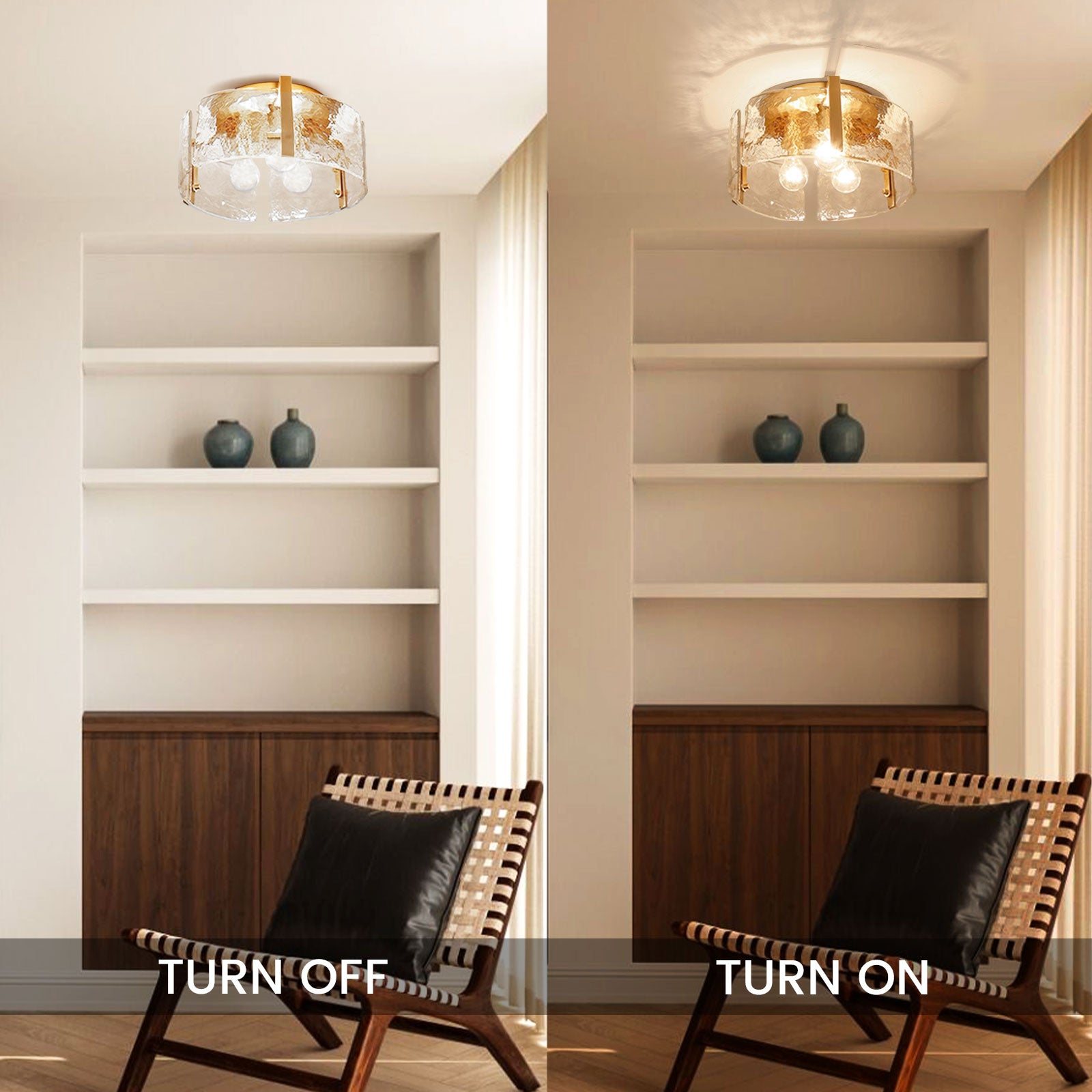 Hammered Water Glass Ceiling Light -  Gold Drum Flush Mount Light