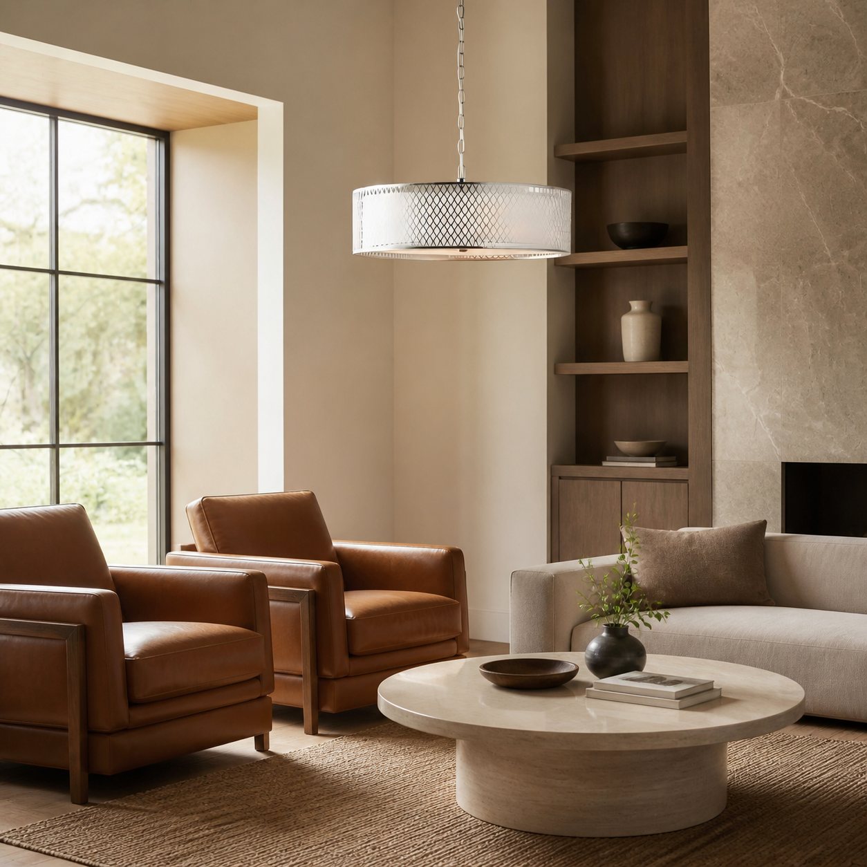 Liorin Geometric Pendant Lamp – Modern Fretwork Metal and Fabric Shade Pendant for Interiors