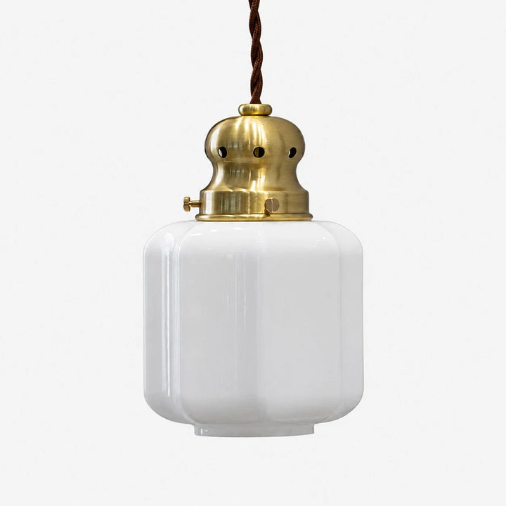 Style 1 vintage brass and white glass pendant lamp on white background