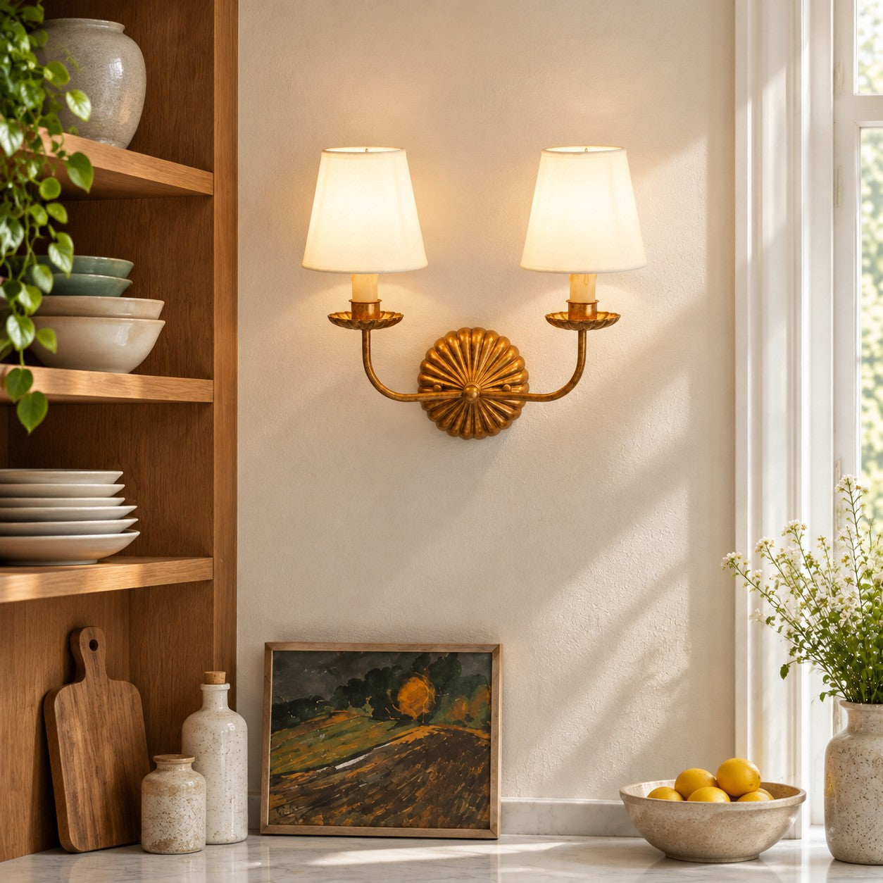 Catina double sconce styled in a kitchen nook