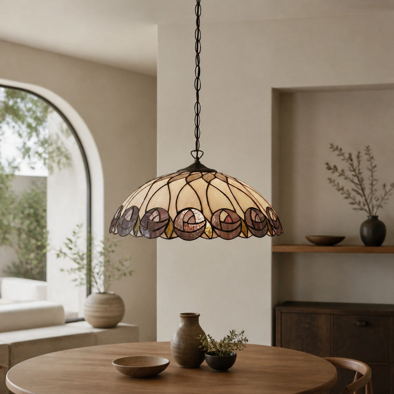 TF Hutchinson Tiffany Glass Pendant Light with Artistic Mosaic Design for Dining and Living Spaces