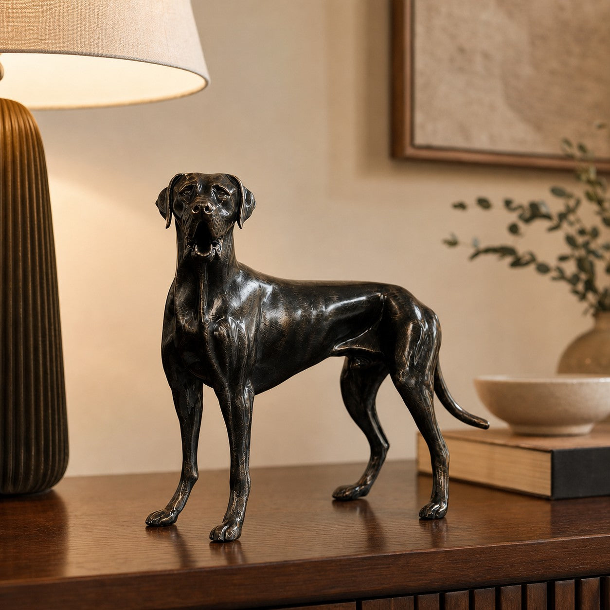 Floxo standing dog sculpture in a warm interior