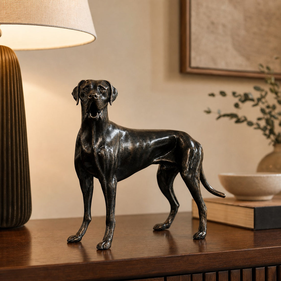 Floxo standing dog sculpture in a warm interior