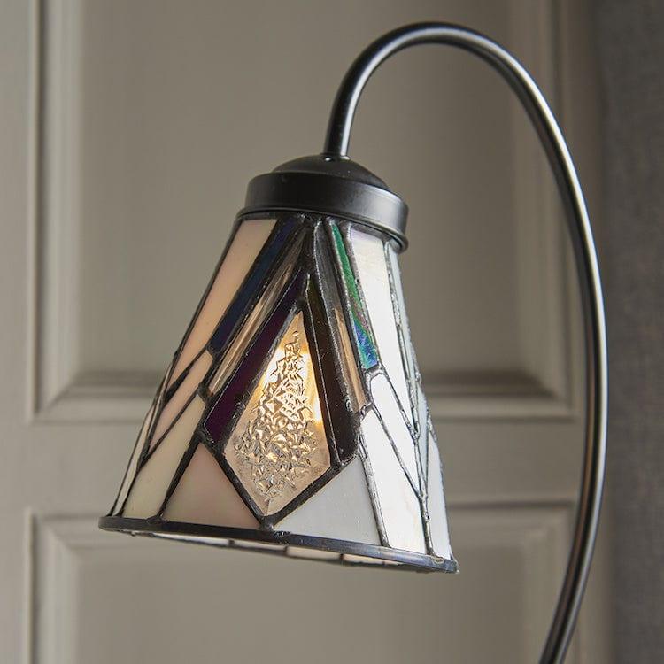 TF Astoria Tiffany Table Lamp – Curved Swan-Neck Arm Art Deco Glass Shade for Desk