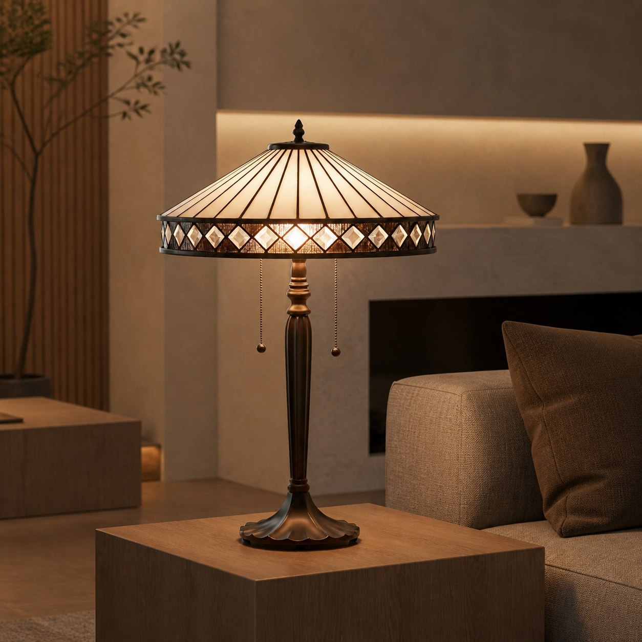 TF Fargo Geometric Tiffany Style Lamp — Amber and Cream Glass Accent Lighting for Bedroom or Study