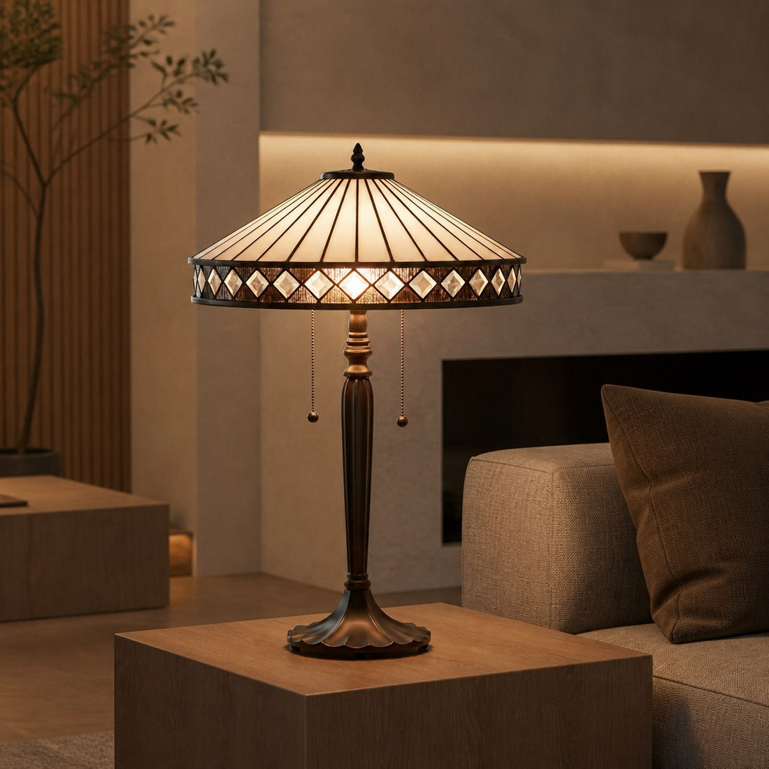 TF Fargo Geometric Tiffany Style Lamp — Amber and Cream Glass Accent Lighting for Bedroom or Study