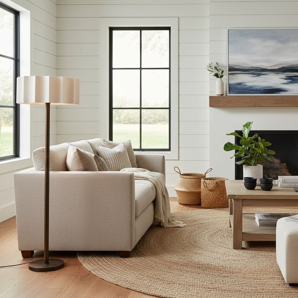 Cavilon Modern Floor Lamp - Slim Profile and Soft Fabric Shade Contemporary Floor Light