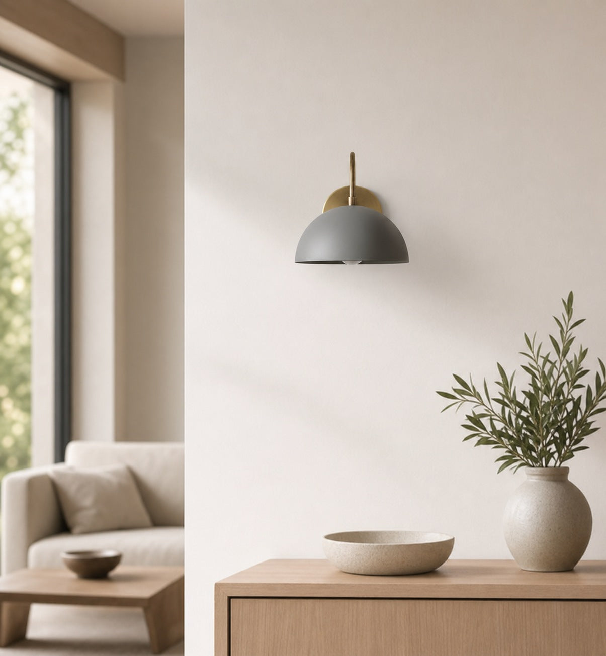 Curva Metal  Industrial Wall Sconce - Curved Brass Arm - Hammered Dome Light Fixture