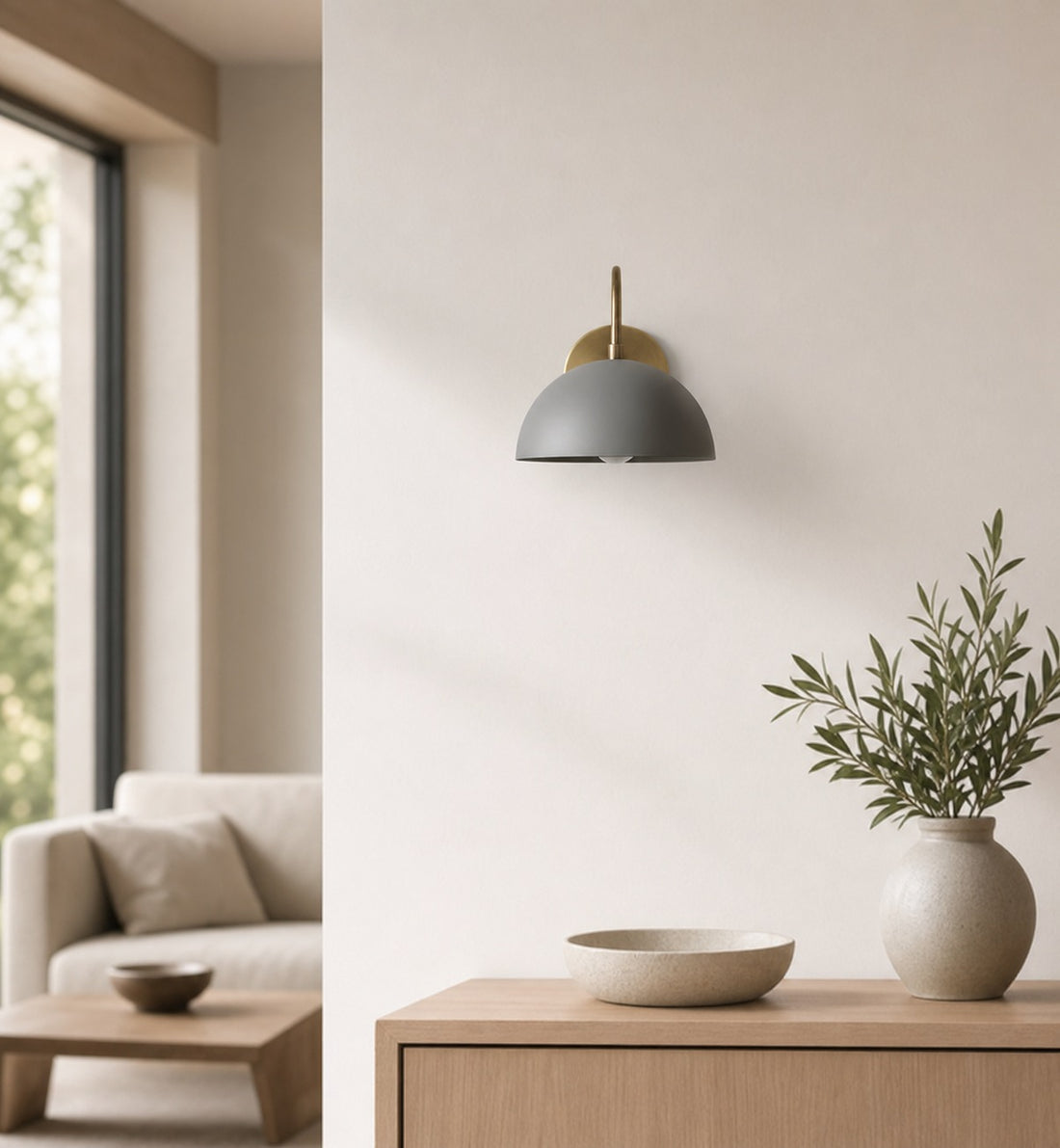 Curva Metal  Industrial Wall Sconce - Curved Brass Arm - Hammered Dome Light Fixture
