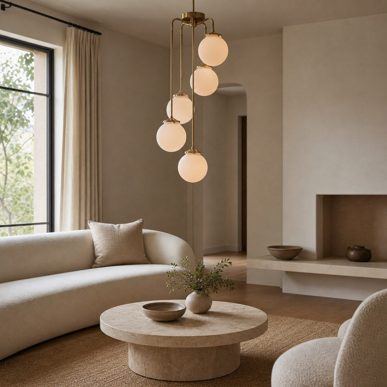 Glorica Glass 5 Globe Chandelier - Brass and Opal Glass Vintage Pendant Light
