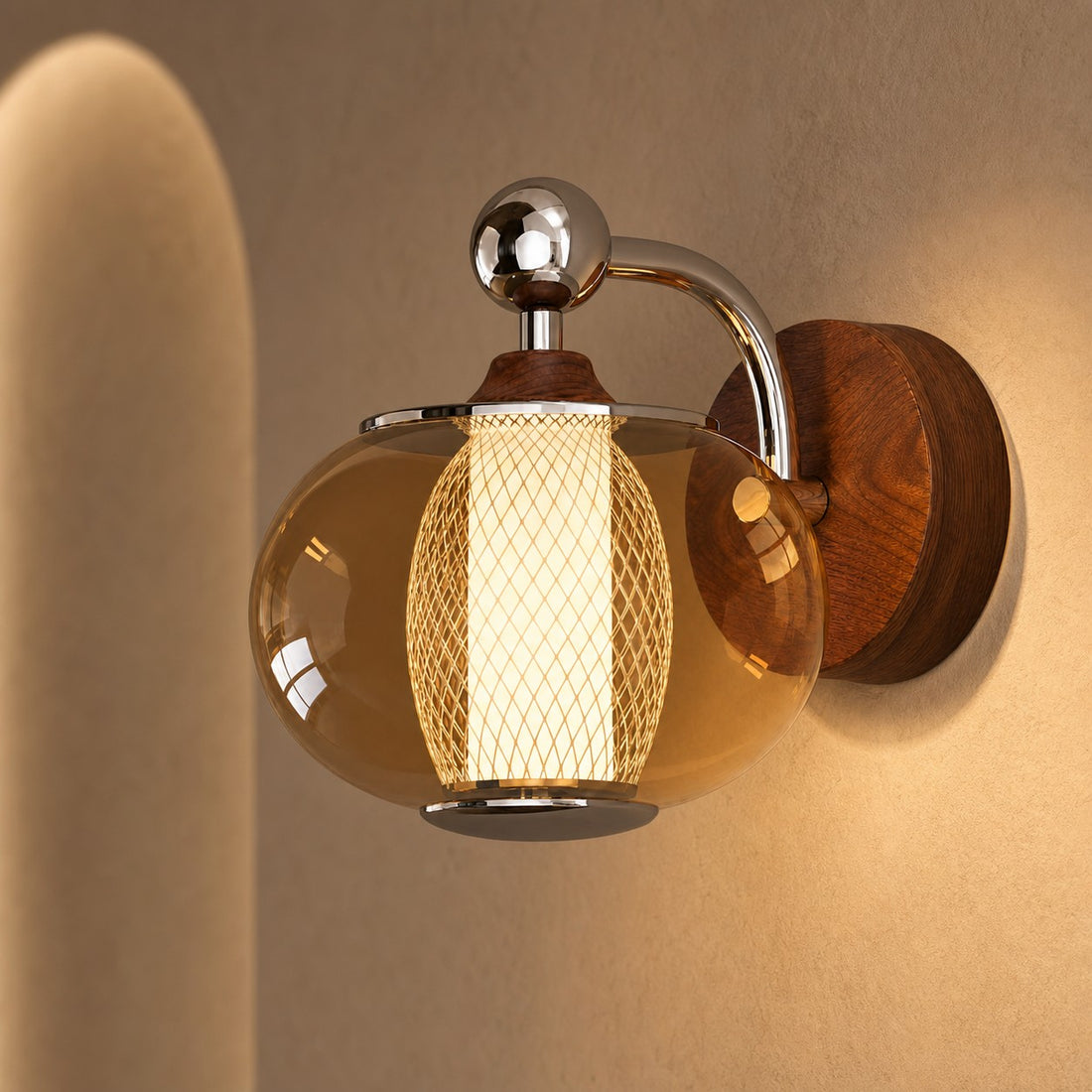 Orbit Style A Walnut wall sconce on a warm wall
