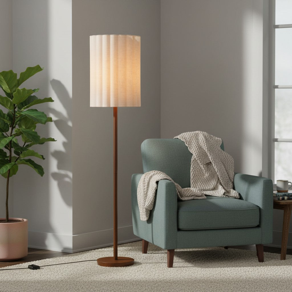 Linbron Walnut Wood Floor Lamp with Fluted Linen Shade – Modern Natural Home Decor