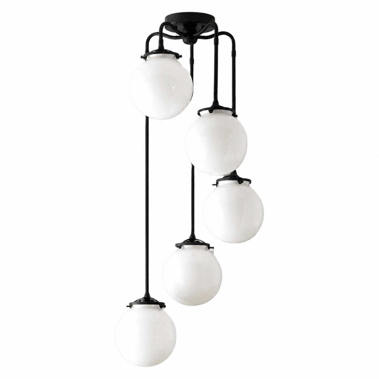 Glorica Glass 5 Globe Chandelier - Brass and Opal Glass Vintage Pendant Light