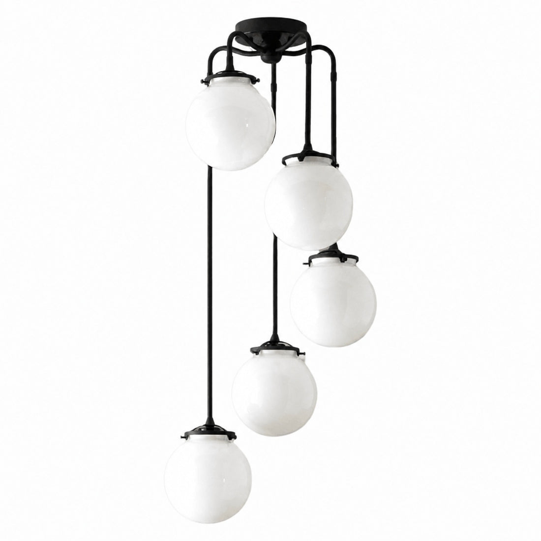Glorica Glass 5 Globe Chandelier - Brass and Opal Glass Vintage Pendant Light