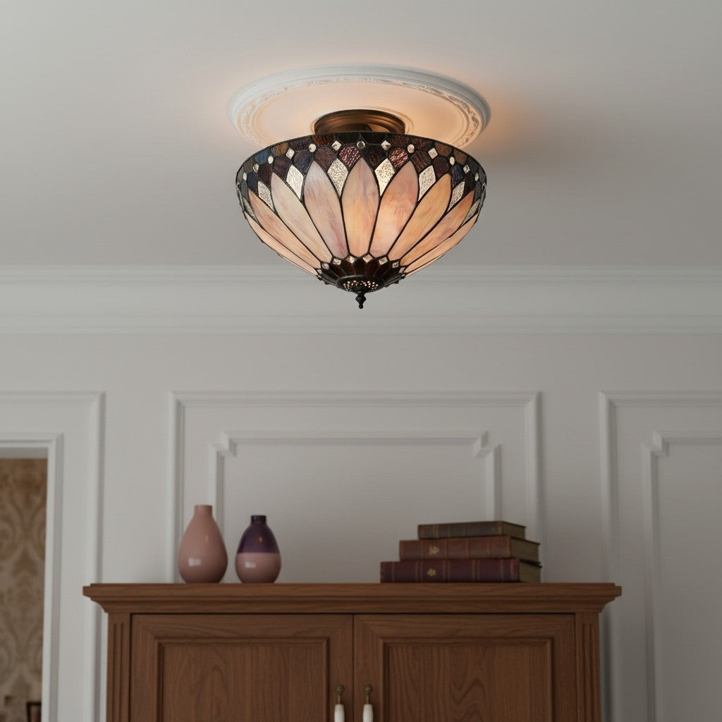 TF Brooklyn Tiffany Semi-flush Ceiling Light - Geometric Glass Shade for Hallways or Living Rooms