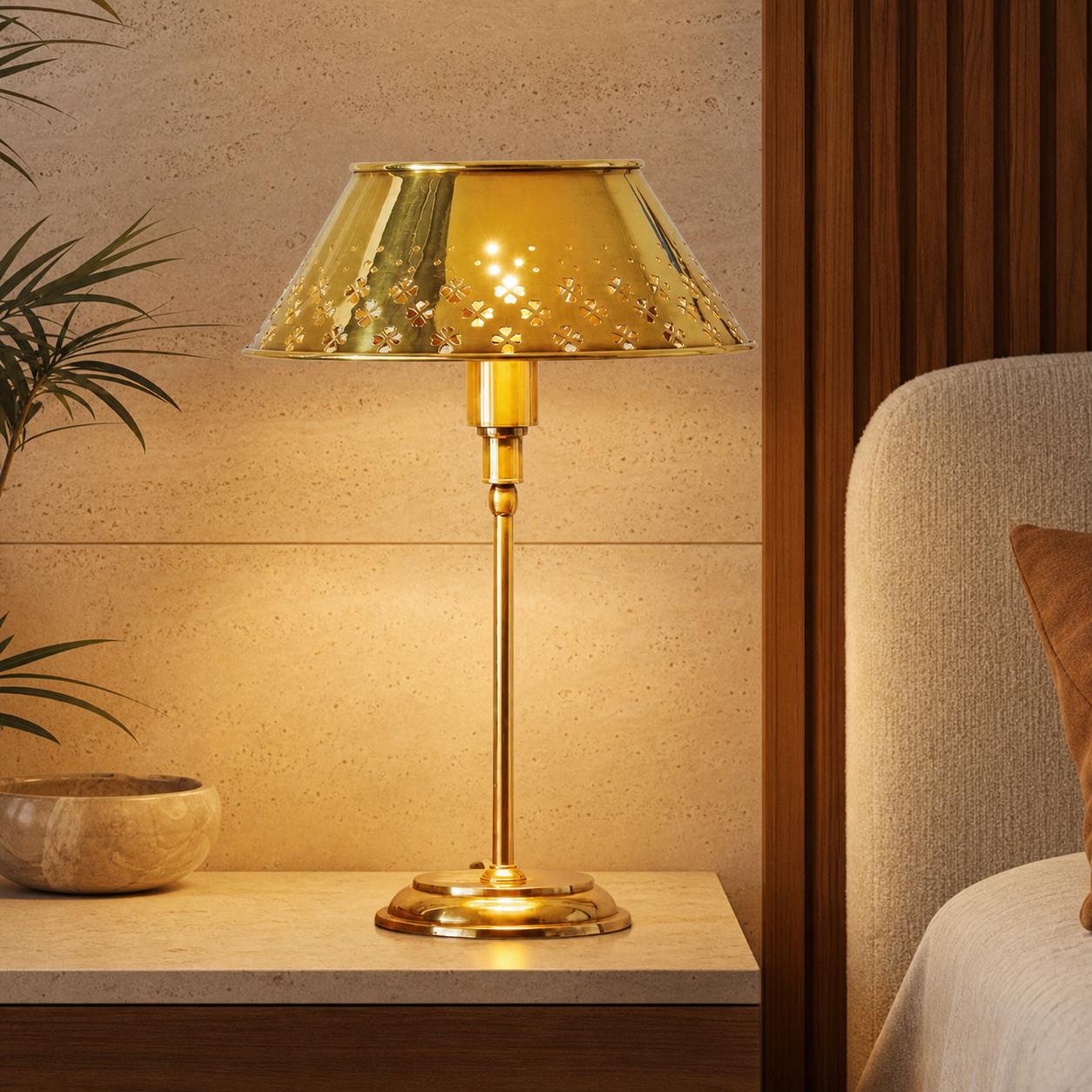 Auriglow Brass Floral Design Perforated Table Lamp – Space Age Inspired
