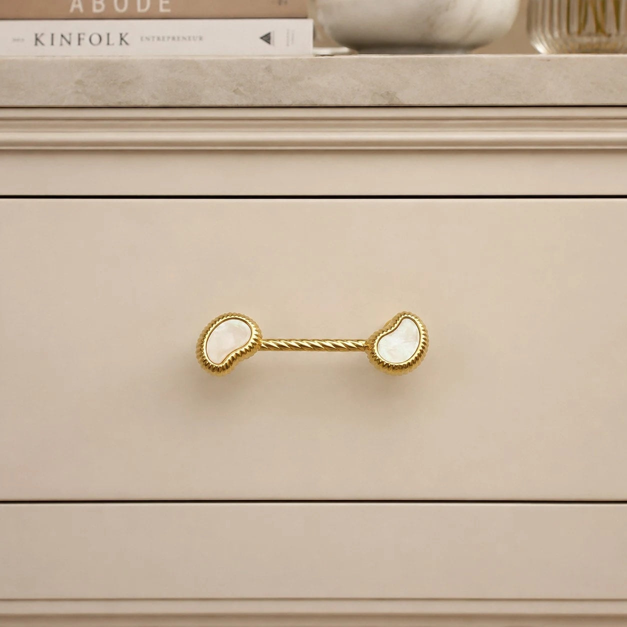 French Vintage Cashew Shell Brass Cabinet Knobs and Pulls - image 15