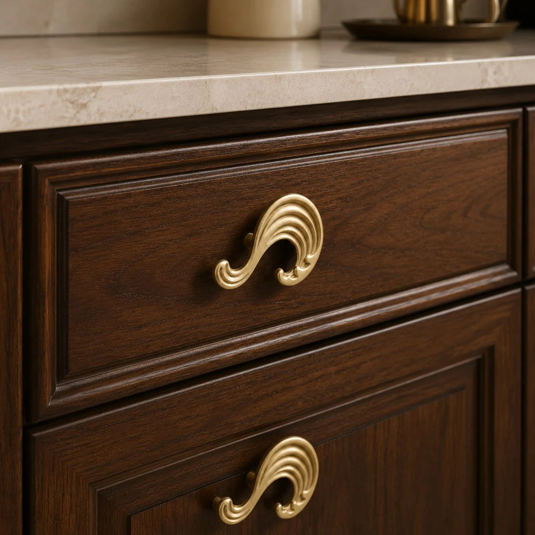 Wave Natural Brass cabinet knob installed scene