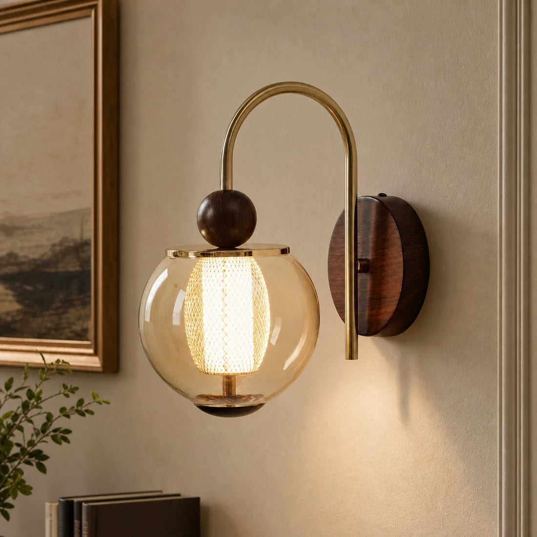 Arched amber-glass wall sconce in a warm hallway