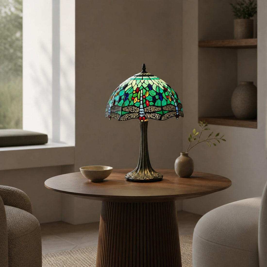 TF Dragonfly Table Lamp – Vintage Stained-Glass for Living Room & Bedroom