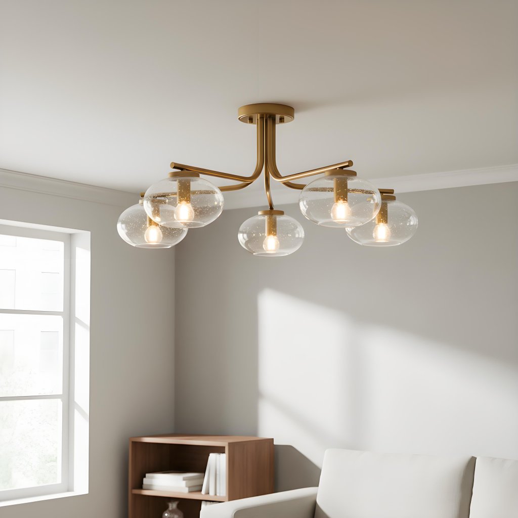 Bublaris Bubble-Glass Semi-Flush Ceiling Light - Curved Brass Arms for Living Room or Hallway