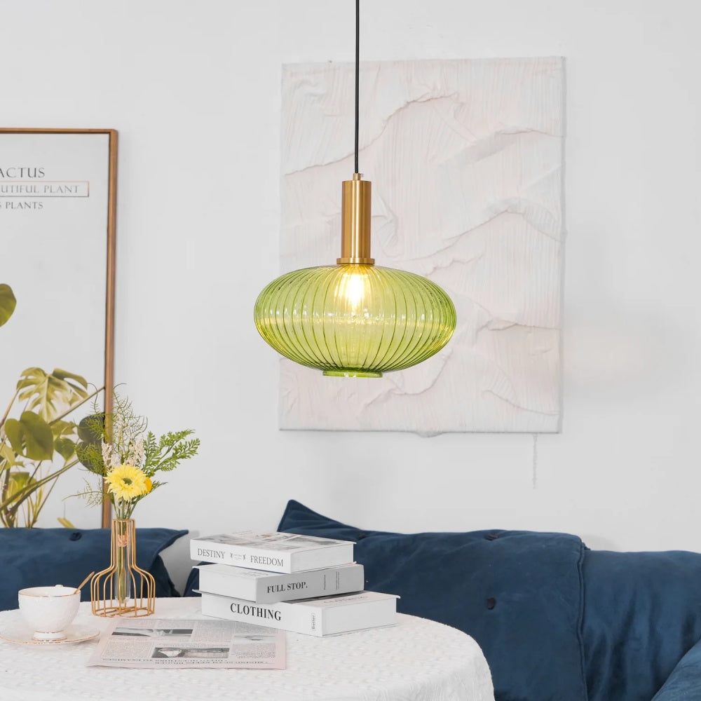 Ribbed Stained Glass Pendant Lamp – Retro Lantern Shape Hanging Light