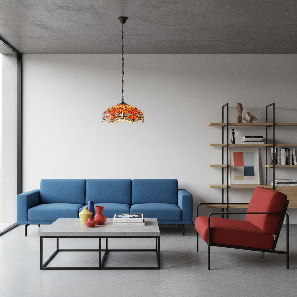 TF Dragonfly Blue Tiffany Pendant Light – Art Nouveau Stained Glass Pendant for Living