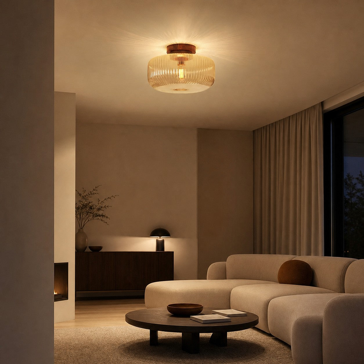 Amberflow Retro Amber Fluted Glass Ceiling Light – Round Flush Mount for Hallways and Entryways