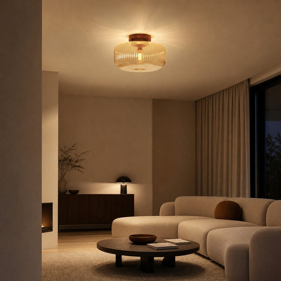 Amberflow Retro Amber Fluted Glass Ceiling Light – Round Flush Mount for Hallways and Entryways