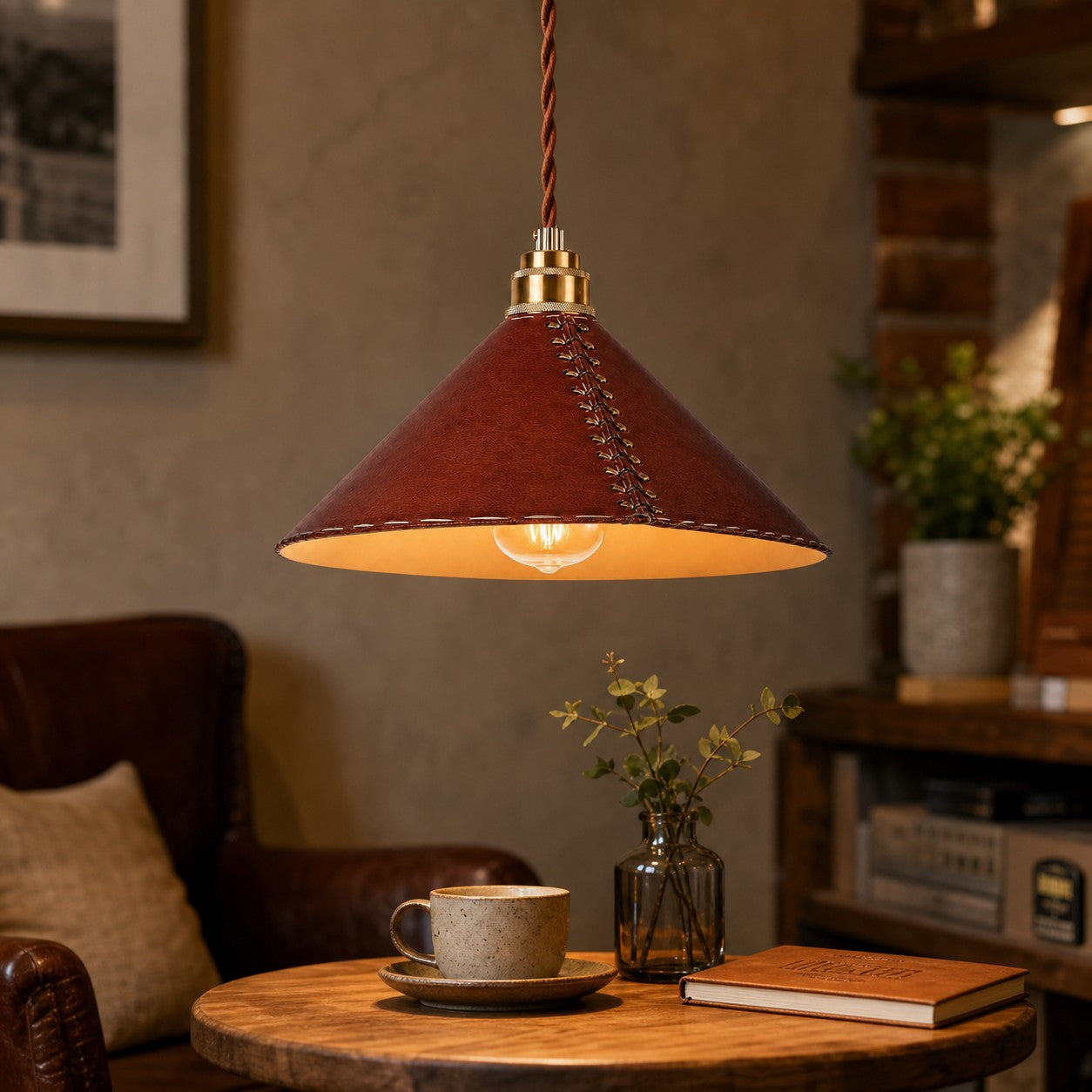 Riveted Conical Leather American Vintage Pendant Lamp for Dining Room and Kitchen