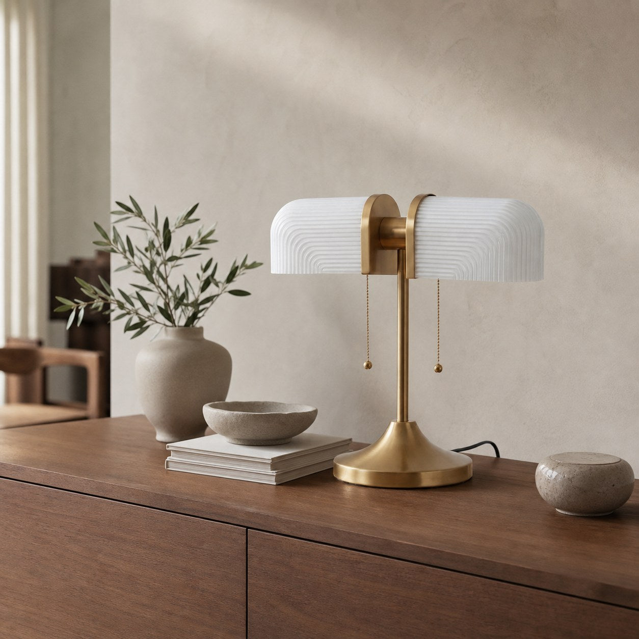 Aurebron Fluted Glass Table Lamp - Modern Decorative Metal Base Table Lamp for Living Room